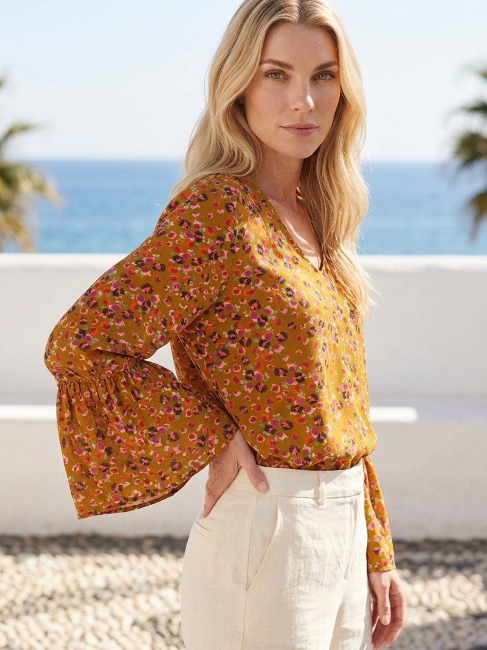 CAbi Mustard Floral V-Neck Bell Sleeve Blouse beautiful on!